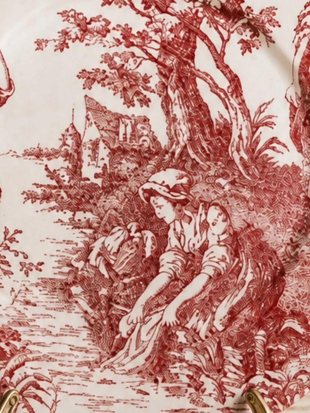 Vintage Red Toile De Jouy Country Life Pastoral Scene Charger Plate